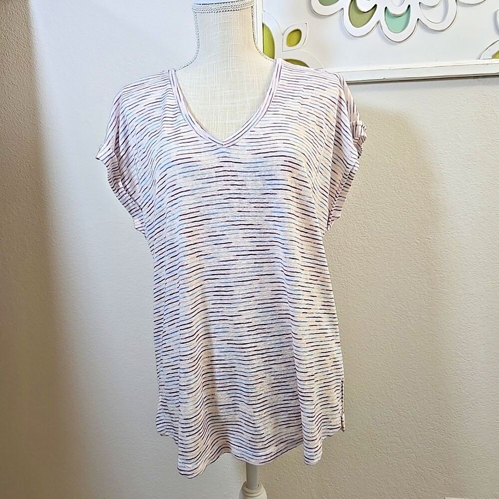 Bobeau Size XL Women's Top Short Sleeve V Neck White w Multicolor Striped Tunic